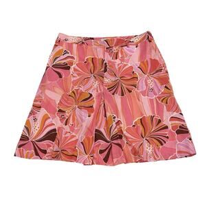 Zara Floral Ramie Short Skirt Womens Size 12 Pink with Belt Loops & Pockets